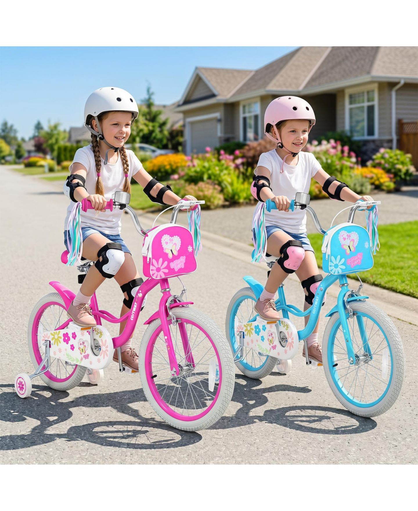 Детские игрушки Costway Girls 18" Bike with Front Bag, Training Wheels, 4–8 лет, цвет: Синий — фото 4