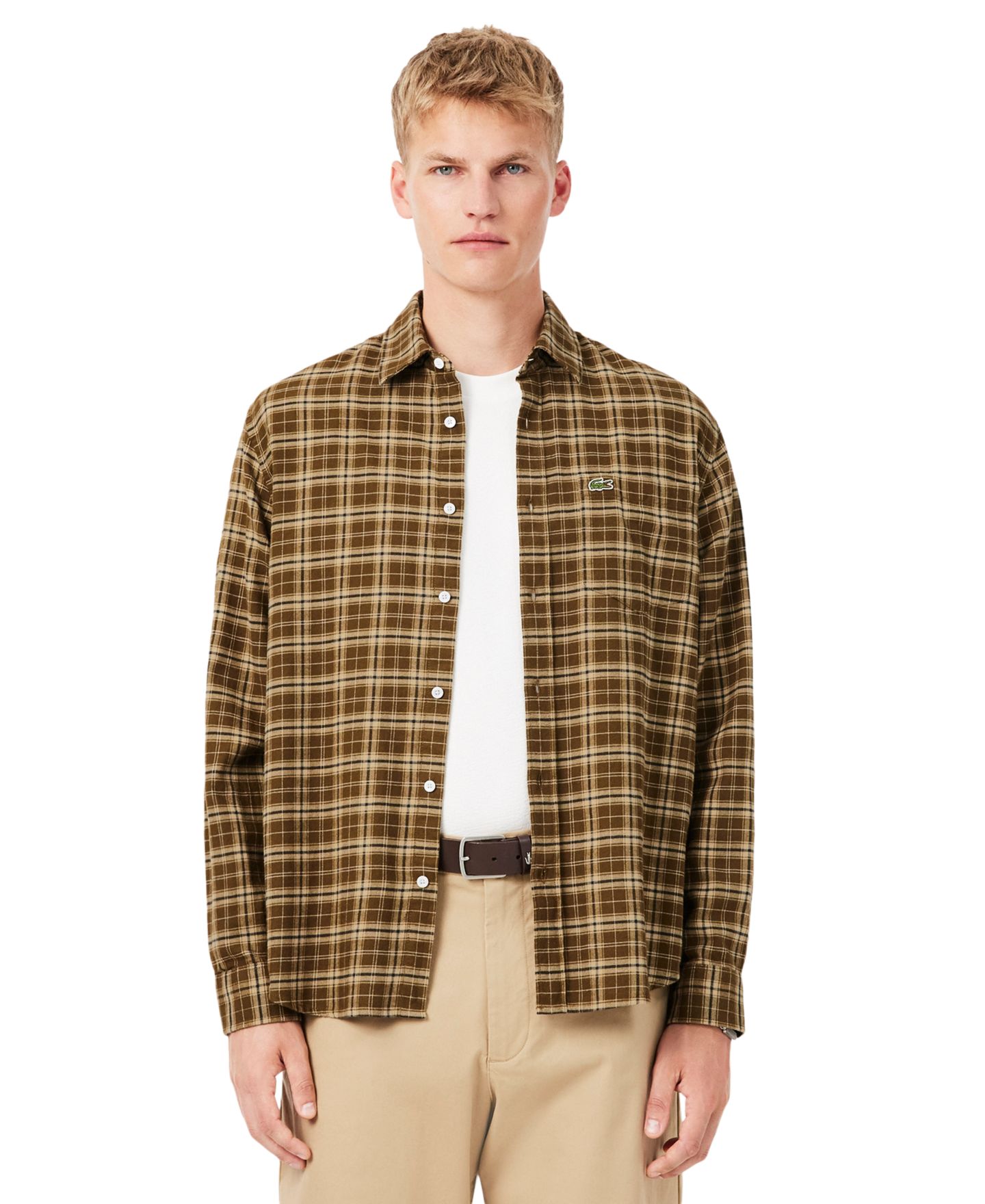 Мужские рубашки Lacoste Plaid Flannel Long-Sleeve, цвет: Тёмный коричневый — фото 1