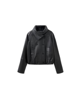 Women's Oversized Funnel Neck Leather Jacket