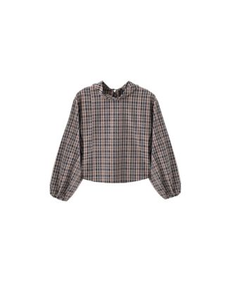 Women's Plaid Puff-Sleeve Rhinestone Blouse