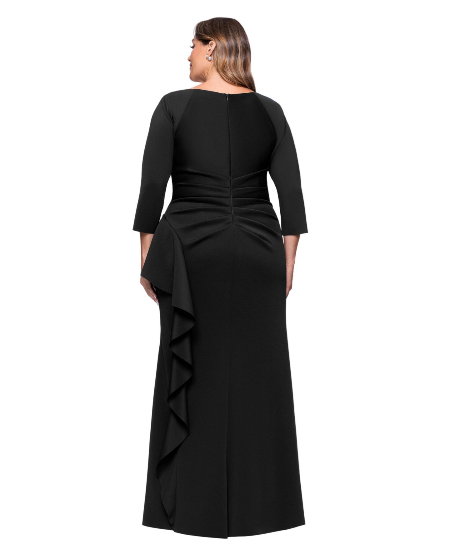 Женское платье XSCAPE Plus V-Neck Ruffled Side-Slit Scuba Gown, цвет: Чёрный — фото 4