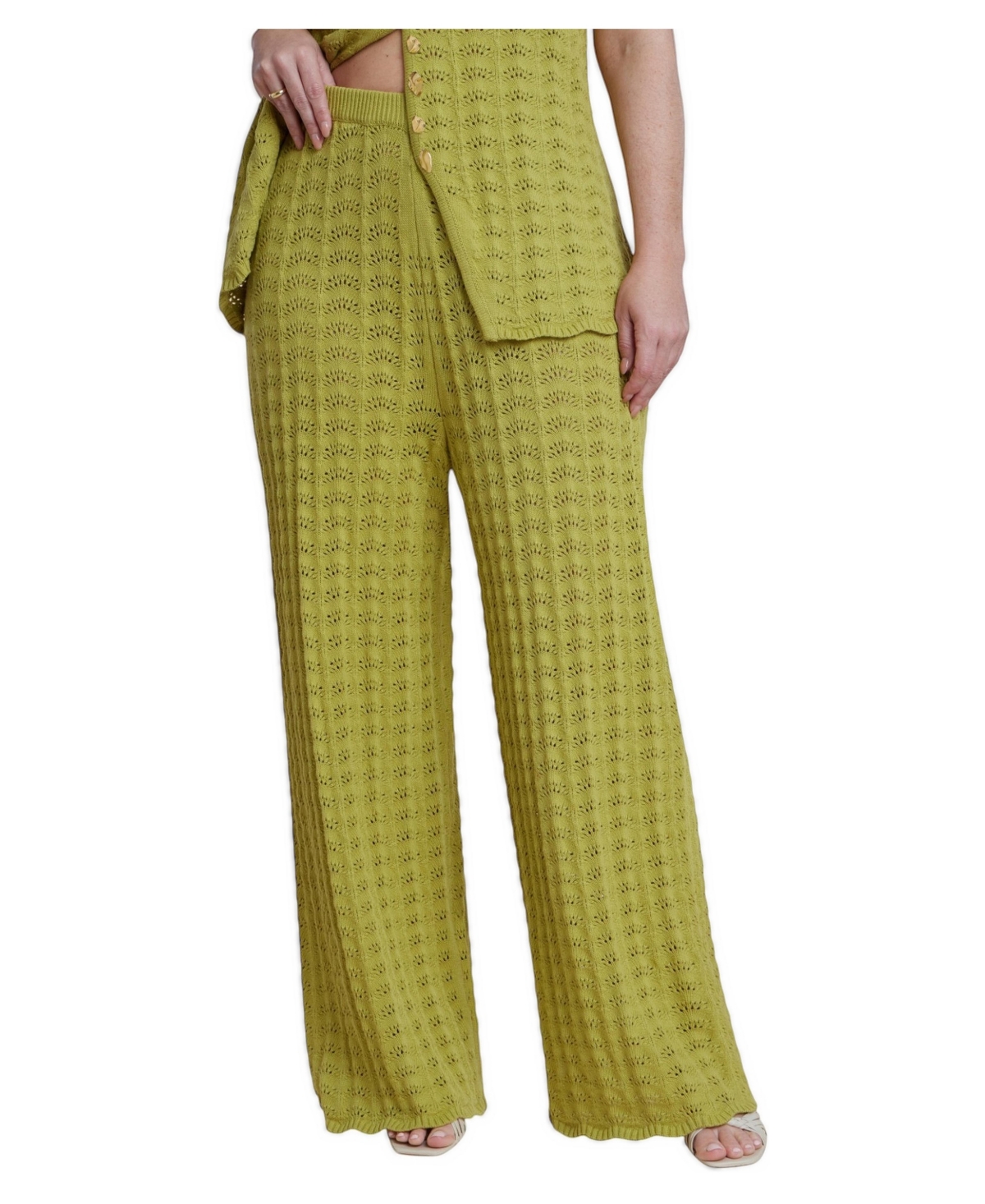 Eloquii Plus Size Pointelle Stitch High-Rise Wide-Leg Pull-On Sweater Pant - Lentil sprout