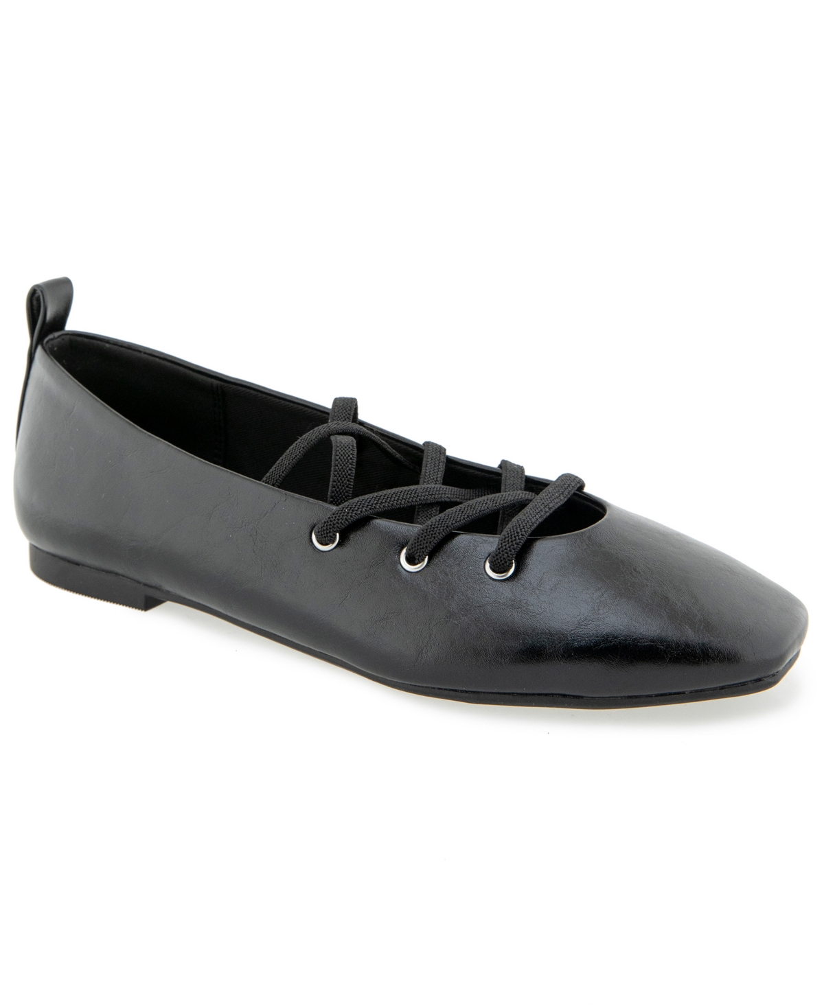 Kenneth Cole Reaction Women's Maxima Square Toe Lace-Up Faux Leather Ballet Flats - Black