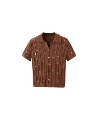 Women's Short-Sleeve Floral-Embroidered Polo Collar Sweater