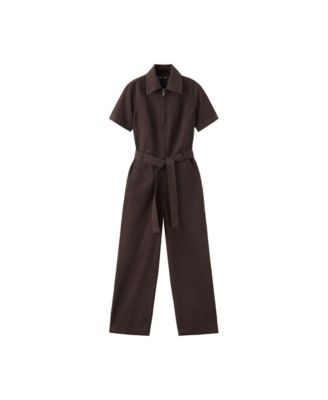 Women's Short-Sleeve Notched-Lapel Denim Belt Jumpsuit