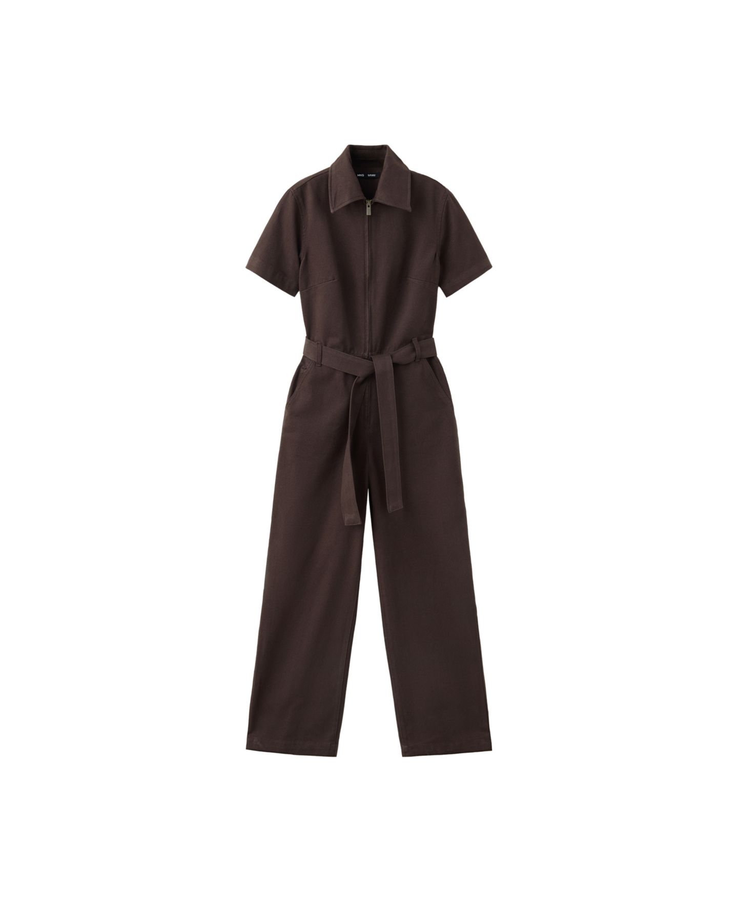 Женский комбинезон Mango Short-Sleeve Notched-Lapel Denim Belt Jumpsuit, цвет: Шоколадный — фото 1