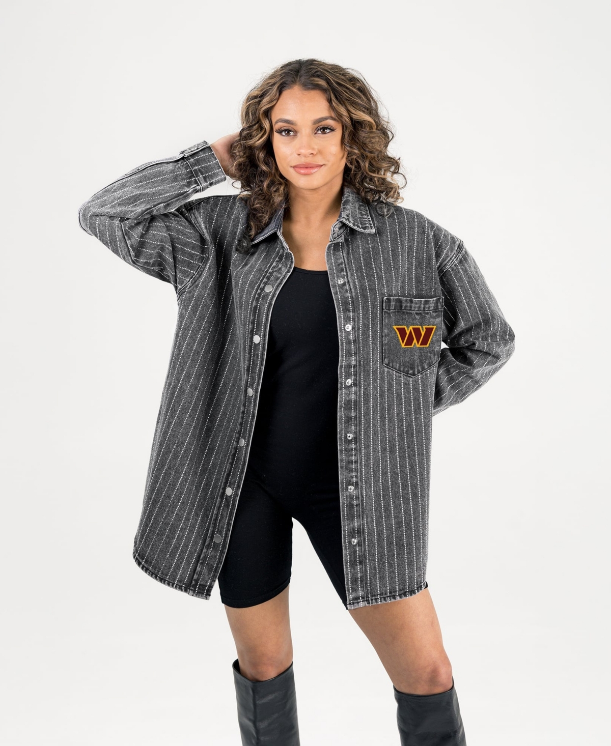 Gameday Couture Women's Black Washington Commanders Oversized Style's the Limit Micro-Rhinestone Stripe Washed Denim Button Up Overshirt - Black, Deni