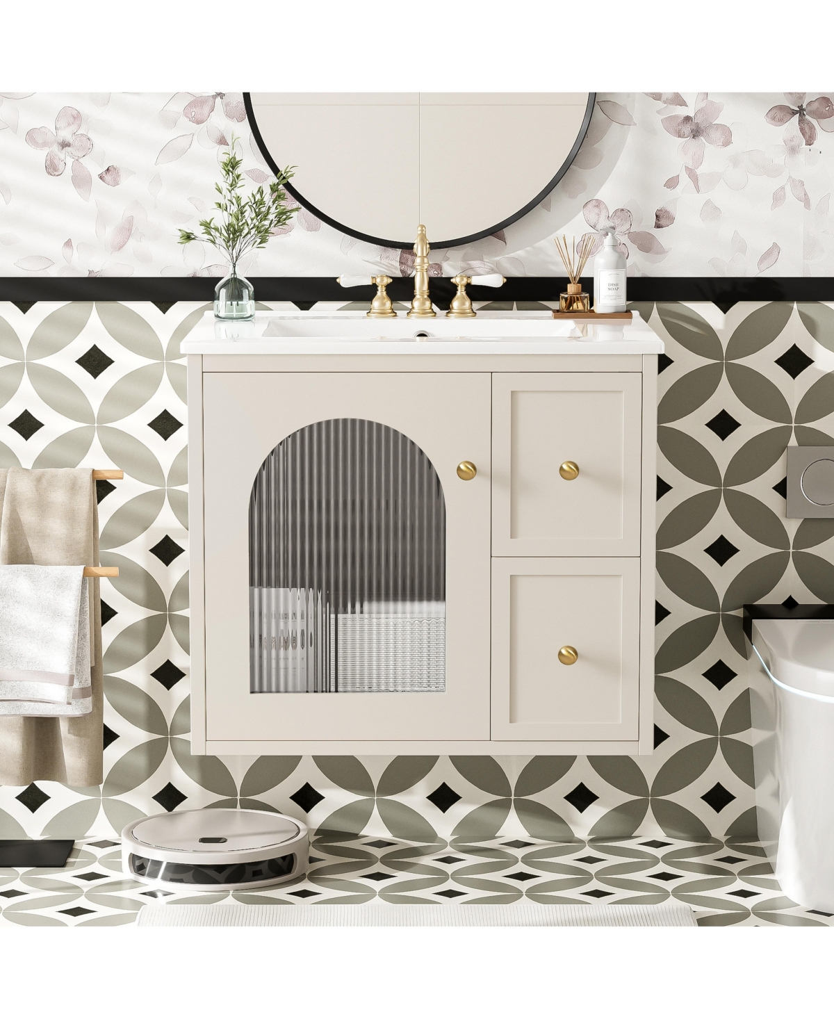 Thirtypeachy 24 Inch Floating Bathroom Vanity, Mdf Cabinet with Solid Wood Frame, Ceramic Integrated Sink, 4-Inch Centerset - Beige