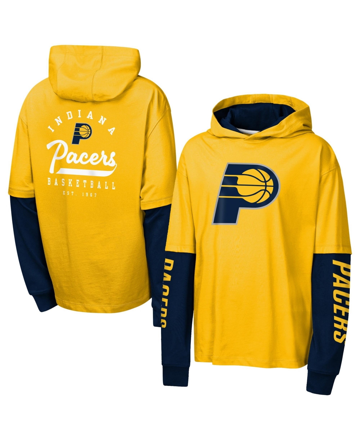 Outerstuff Big Boys' and Girls' Gold Indiana Pacers Double Nickel Oversized Faux 2fer Hooded T-Shirt - Gold