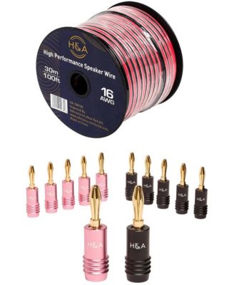 16 AWG Speaker Wire Cable with Banana Plugs, 100 ft.