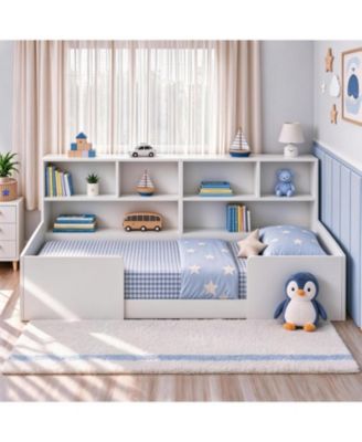 Low Profile Kids Floor Bed Frame with Built-in Storage Bookcase, Wooden Montessori Daybed Frame with Guardrail for Children Bedroom