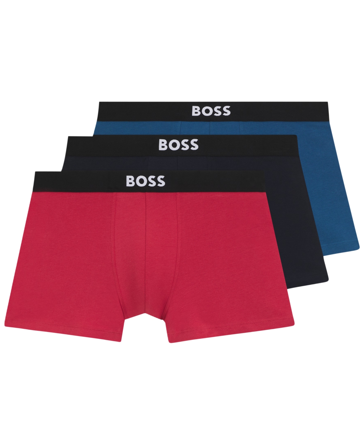 Hugo Boss Men's Boss One Cotton-Stretch Logo Trunks, 3-Pack - Navy/Blue/Red