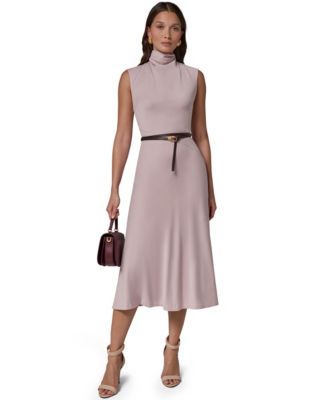 Women's Cap Sleeve Mock Neck Belted Midi Dress