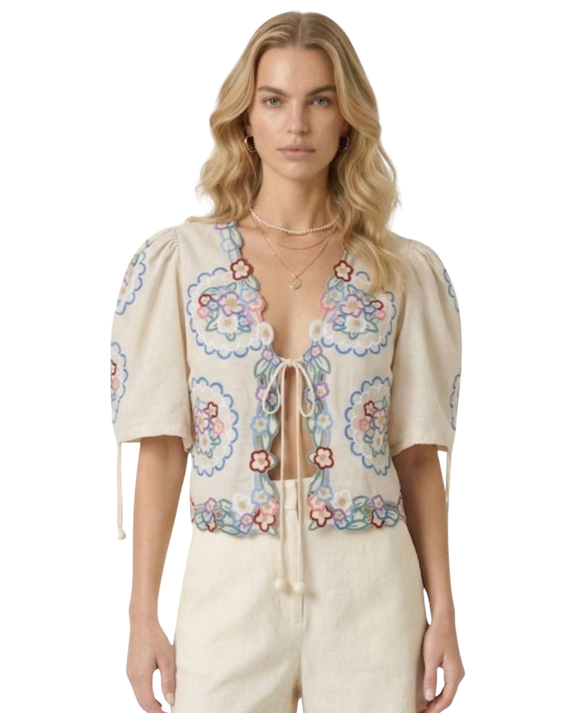 Modenaire Women's Floral-Embroidered Puff-Sleeve Cropped Top - Off-white