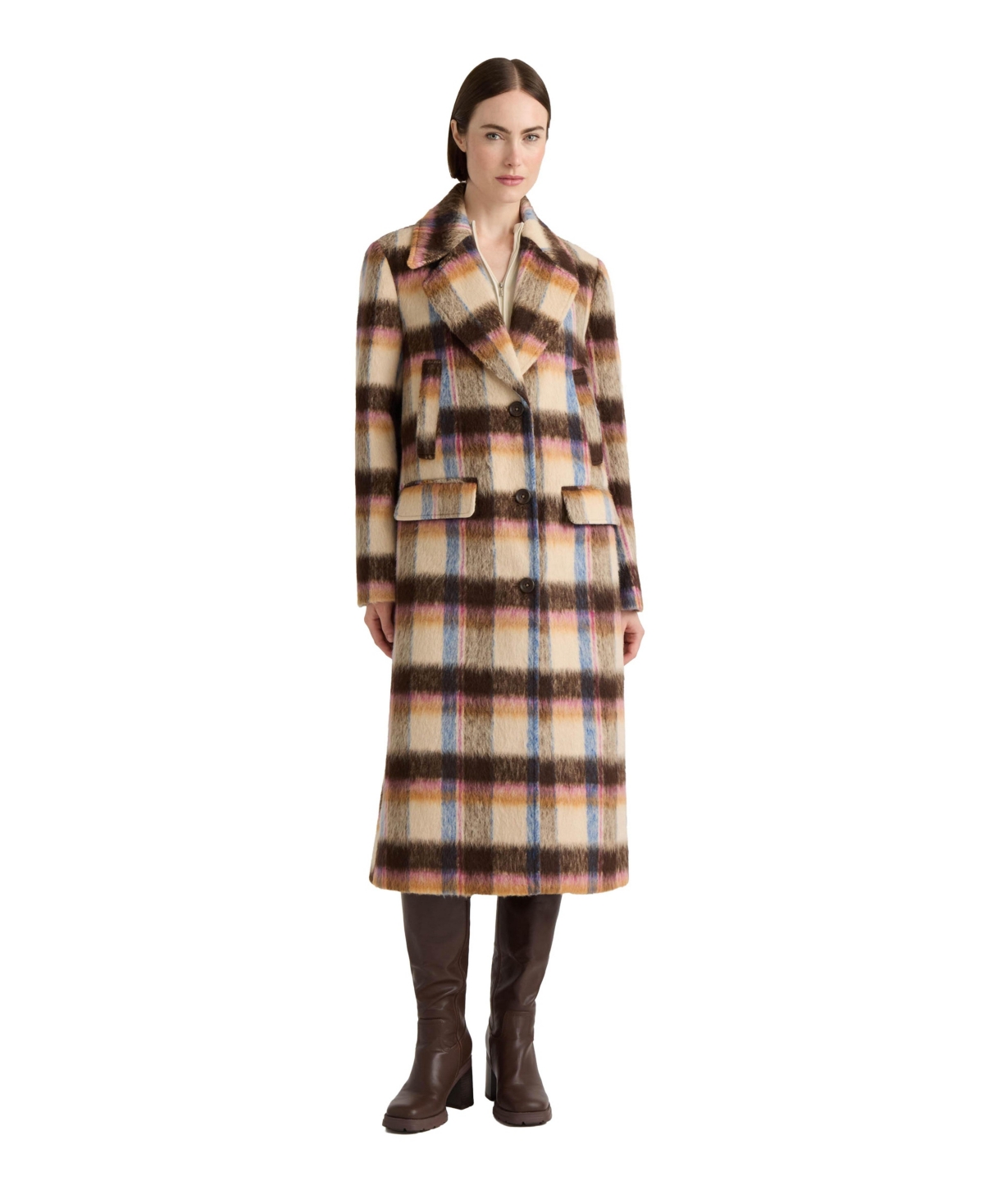 Nvlt Women's Plaid Faux Wool Single Breasted Coat with Double Pockets - Brown plaid