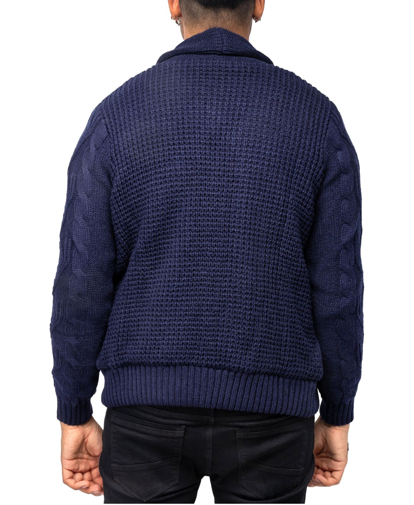 Мужской кардиган XRAY Faux Shearling-Lined Shawl Collar Cable-Knit, цвет: Тёмно-синий — фото 2