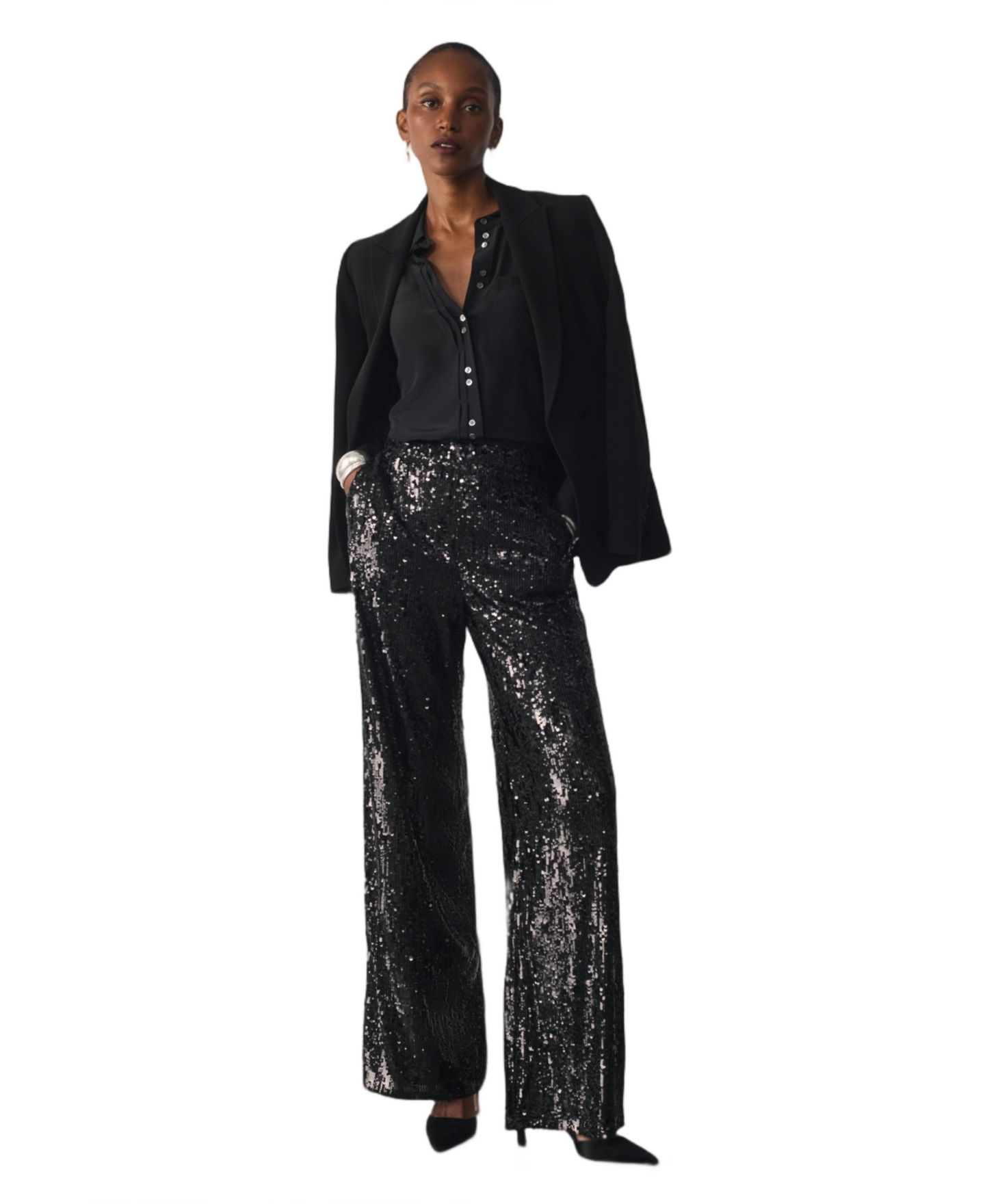 Женские брюки The Fold Arezzo Sequin High-Waisted Wide-Leg, цвет: Чёрный — фото 4