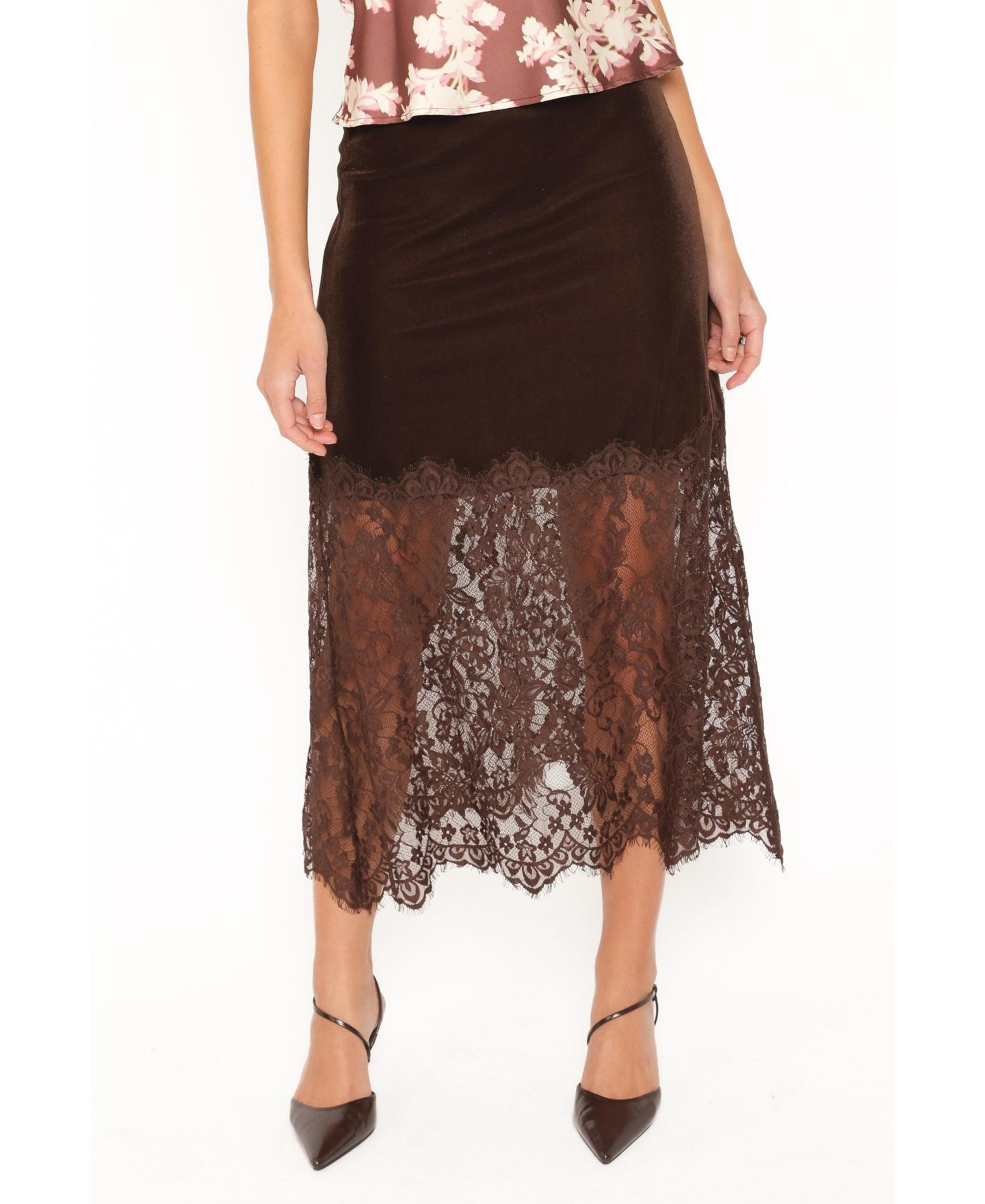 Женская юбка Petal and Pup Bridie High-Waisted Lace Trim Midi, цвет: Шоколадный бархатный — фото 1