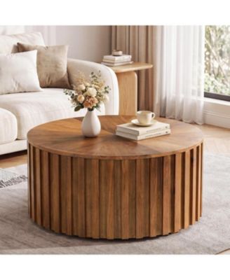 Solid Wood Round Coffee Table with Hidden Storage, No Assembly, Mid-Century Modern Circle Center Table, Fluted Drum Accent Tables