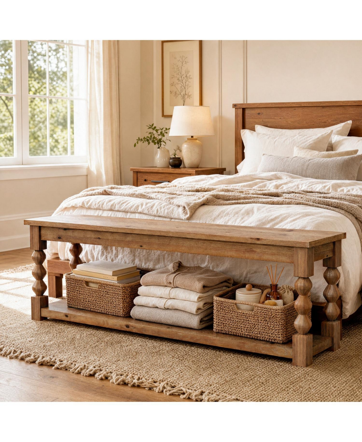 Tribesigns Solid Wood Bench with Sturdy Frame, Farmhouse Seating - Walnut brown