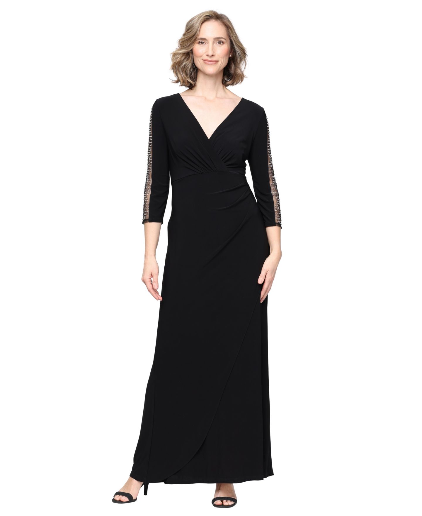 Женское платье SL Fashions Petite Illusion-Beaded Surplice Gown, цвет: Чёрный — фото 1