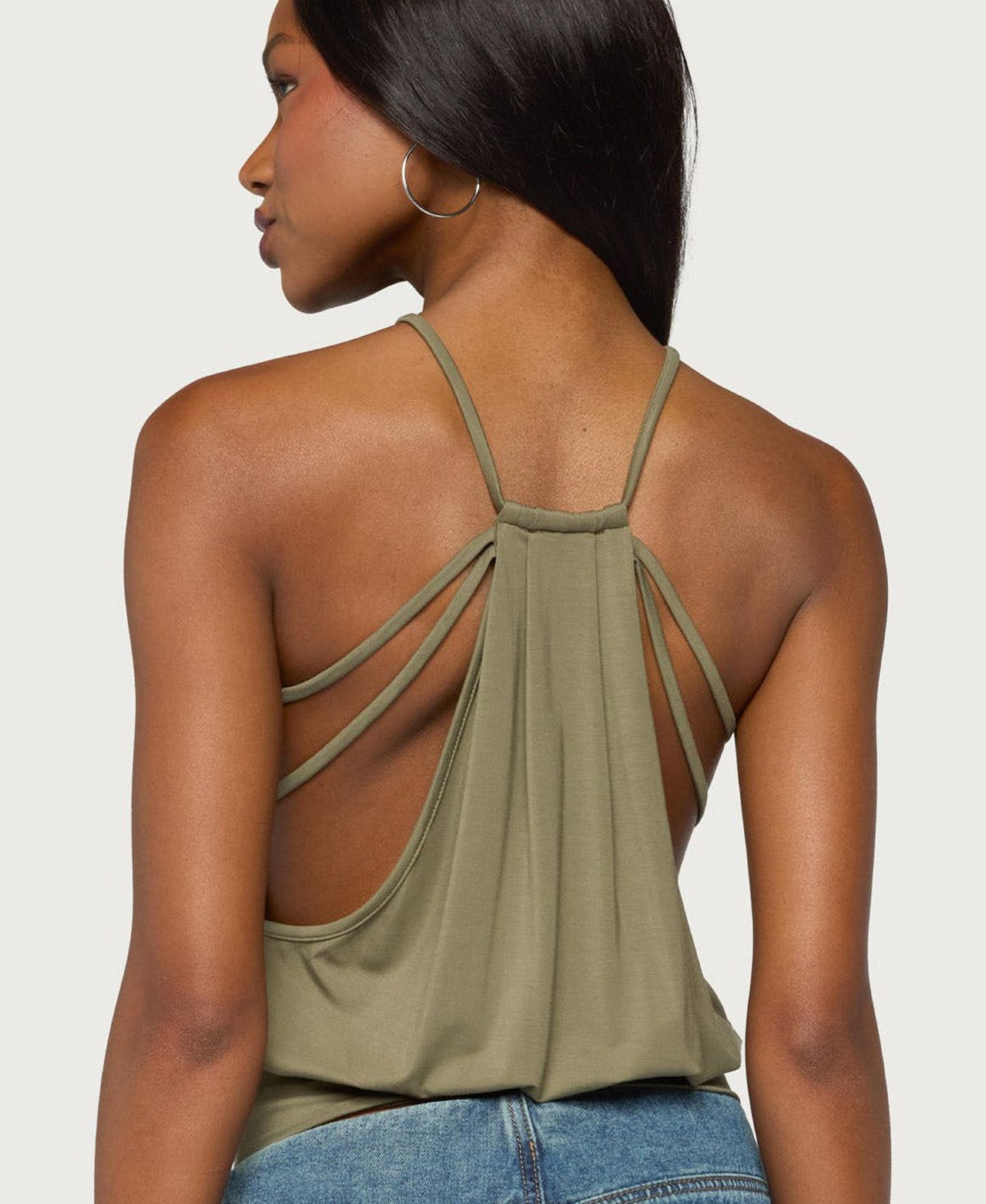 Женский топ Edikted Everi Halter Cinched-Waist Strappy-Back, цвет: Оливковый — фото 5