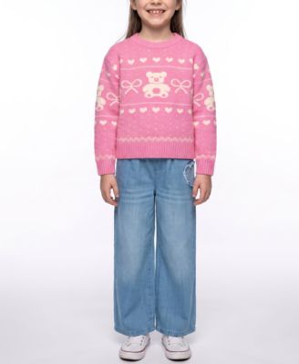 Girls' 7-16 Bear Fairisle Crewneck Sweater