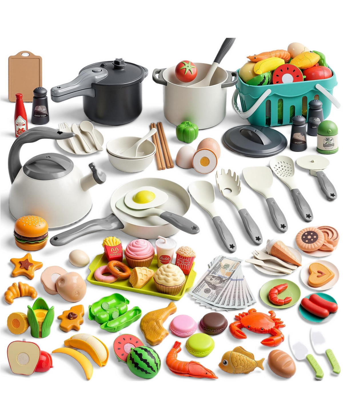 Gnuadz Kids Kitchen Peel and Cut Food 130-Piece Playset, Ages 3+ - White