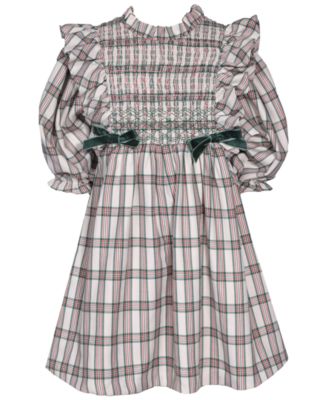 Girls' 2T-6X Plaid Puff-Sleeve Ruffle Neck Dress