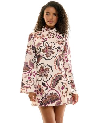 Women's Floral-Print Mock-Neck Flared-Sleeve Shift Dress