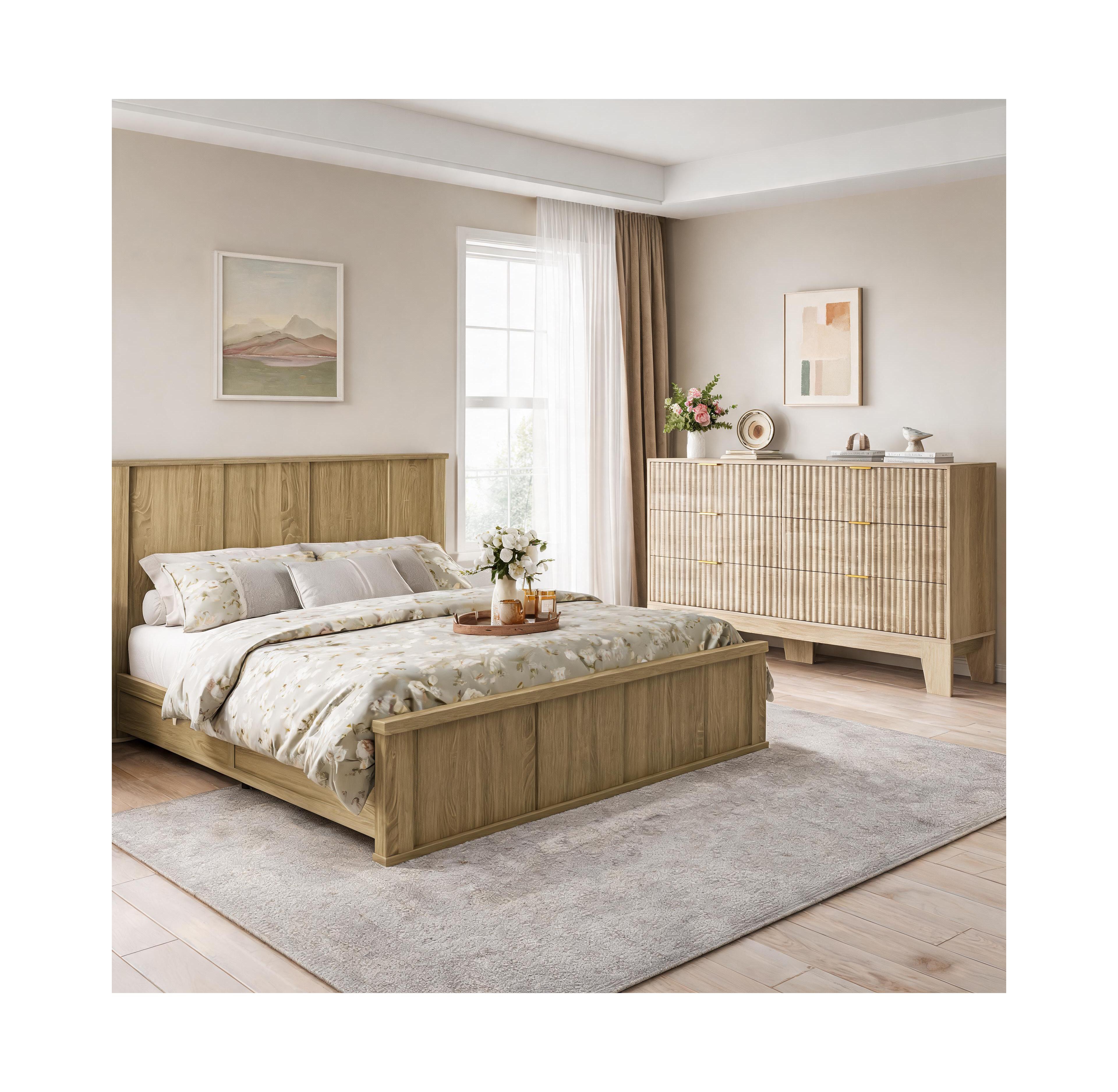 gaomon Fluted 6 Drawer Dresser Solid Wood Platform Bed 800 lb Support, Anti Tip, Noise Free