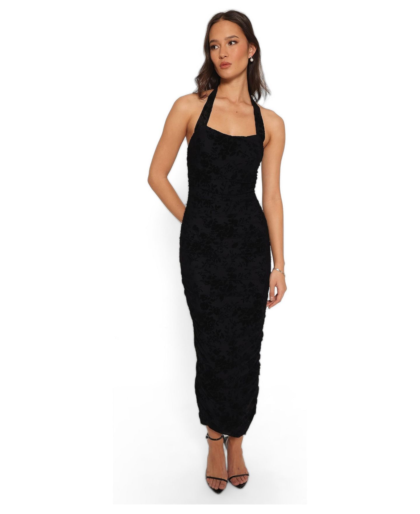 Женское платье Petal and Pup Izzie Halter Midi Floral, цвет: Чёрный бархатный с принтом — фото 1