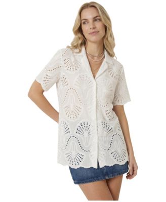 Women's Scalloped Eyelet Shell Motif Short-Sleeve Shirt