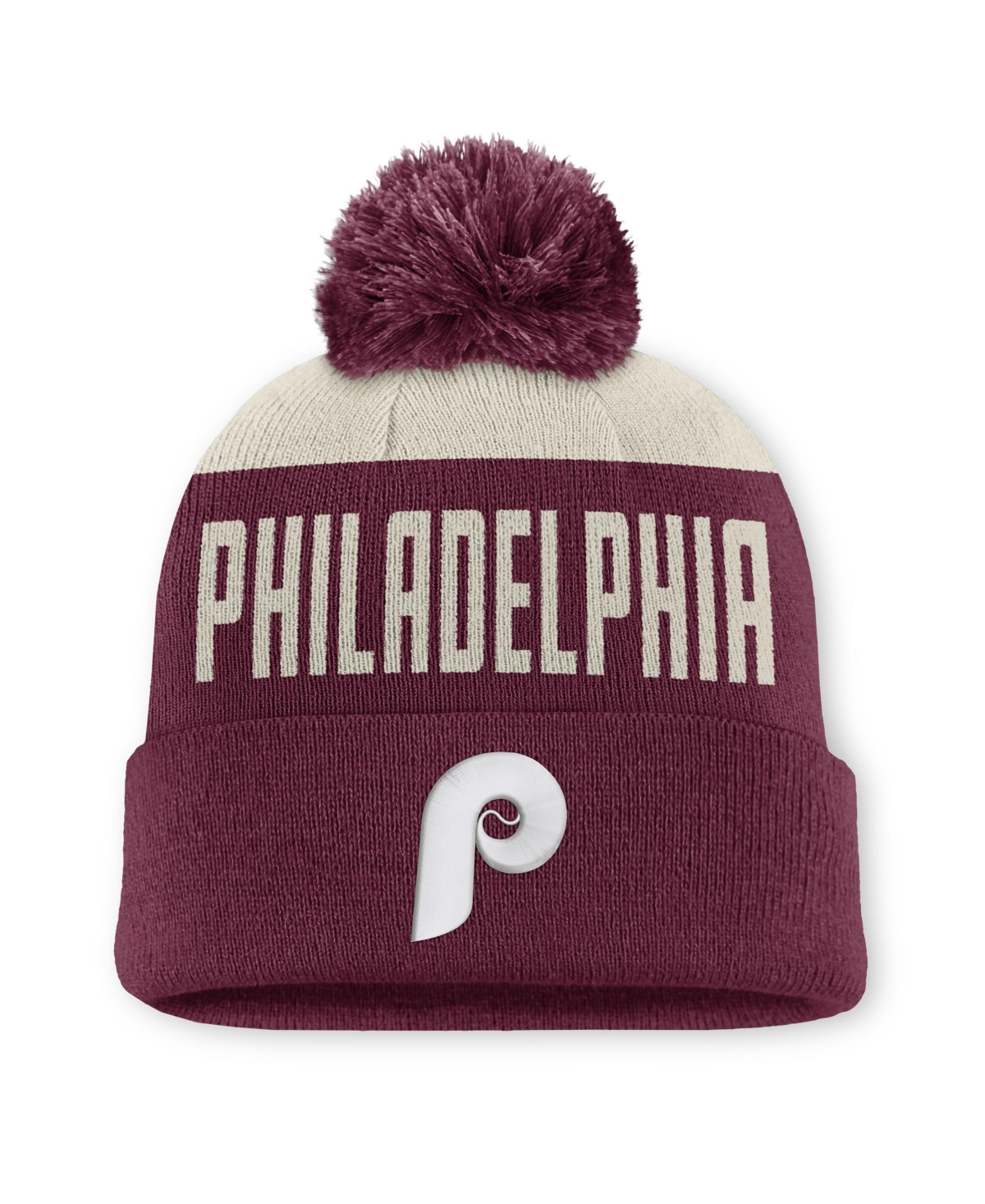 Nike Men's White/Maroon Philadelphia Phillies Cooperstown Collection Peak Standard Cuffed Knit with pom Hat - Natural, Maroon