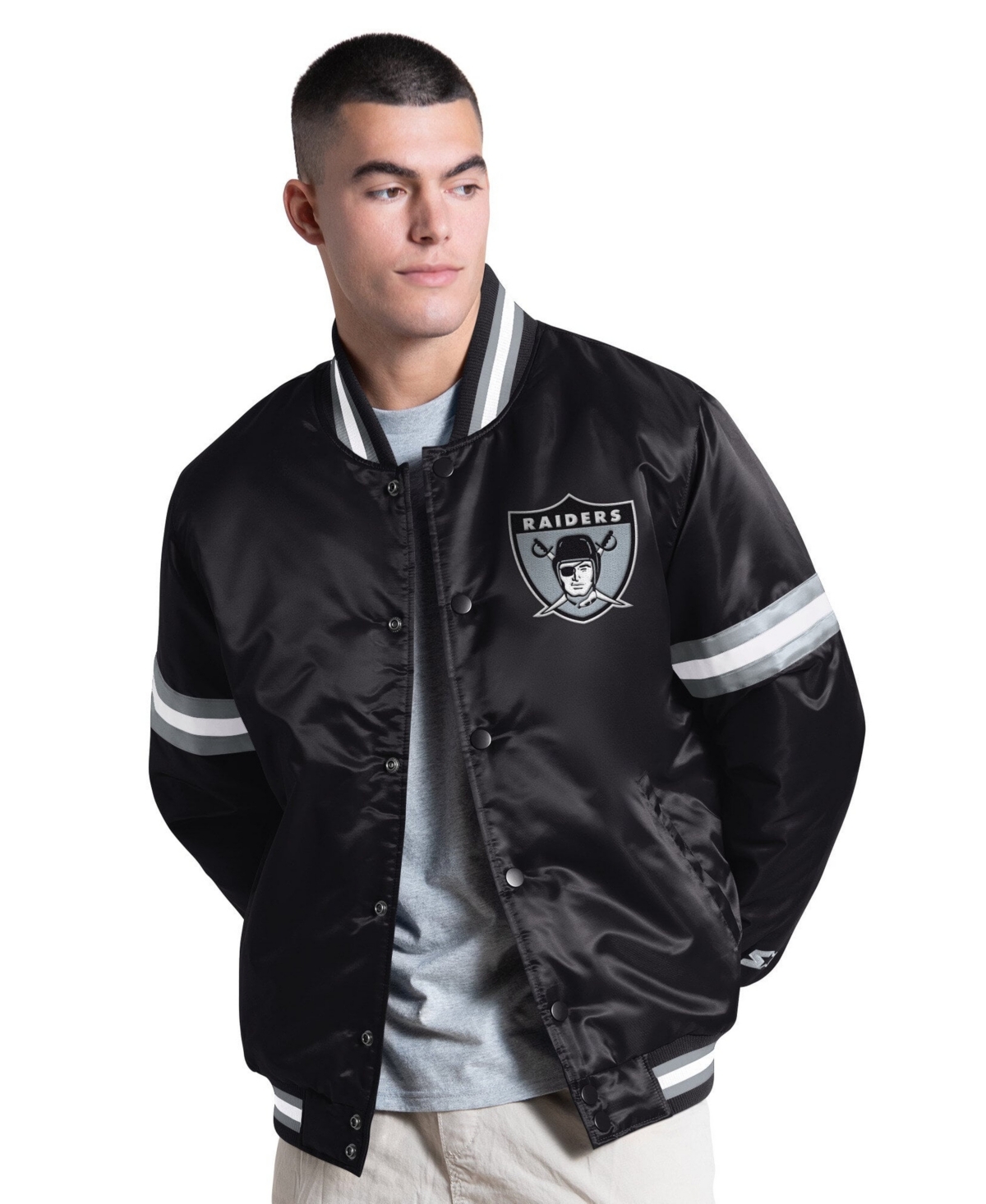 Starter Men's Black Las Vegas Raiders Courtside Varsity Retro Logo Full Snap Jacket - Black, Silver