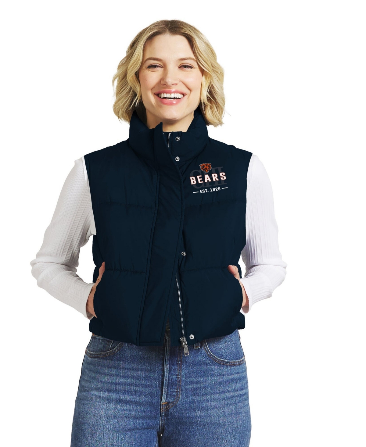 Wear by Erin Andrews Women's Navy Chicago Bears Cropped Puffer Full-Zip Vest - Navy