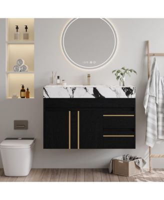 36 Inch Floating Bathroom Vanity Modern Wall Mounted Bath Vanity Cabinet with Faux Marble Top Space Saving Bathroom Storage Furniture
