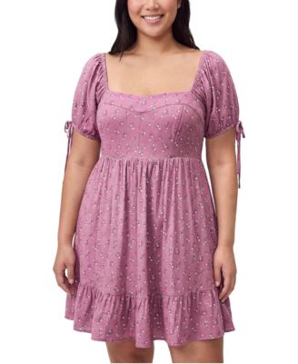 Plus Size Puff Sleeve Floral-Print Tie Mini Dress