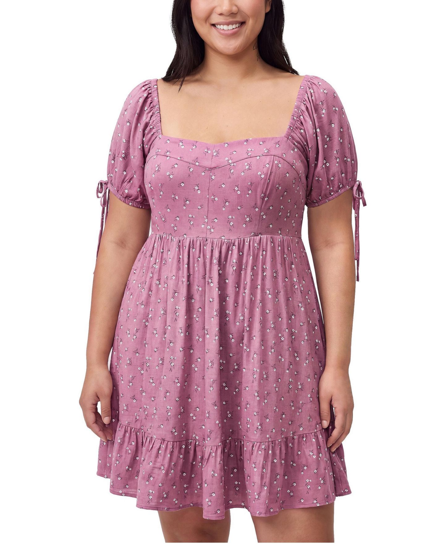 Женское платье Torrid Plus Size Puff Sleeve Floral-Print Tie Mini, цвет: Пшеничный с принтом сливовый — фото 1