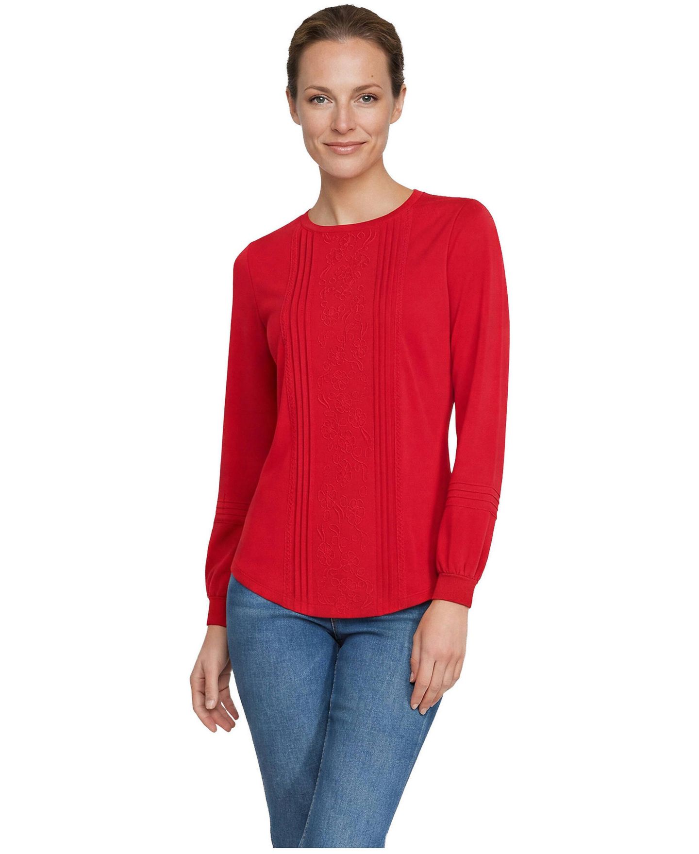 Женская блузка Lands' End Pintuck and Lattice Long Balloon Sleeve Lightweight Jersey, цвет: Красный — фото 1
