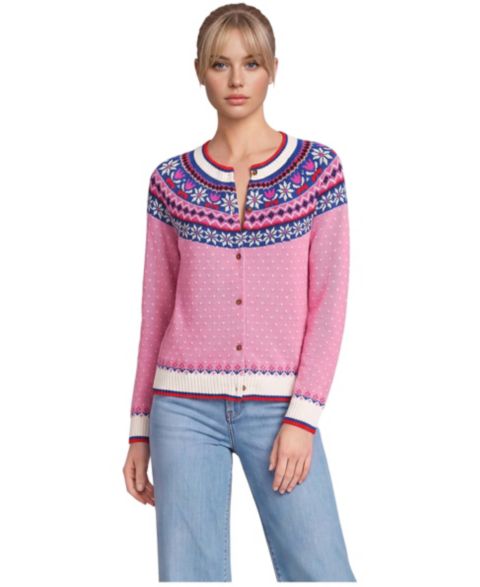 Женский кардиган Lands' End Drifter Fair Isle Raglan-Sleeve Cardigan, цвет: Розовый / Слоновая кость с принтом