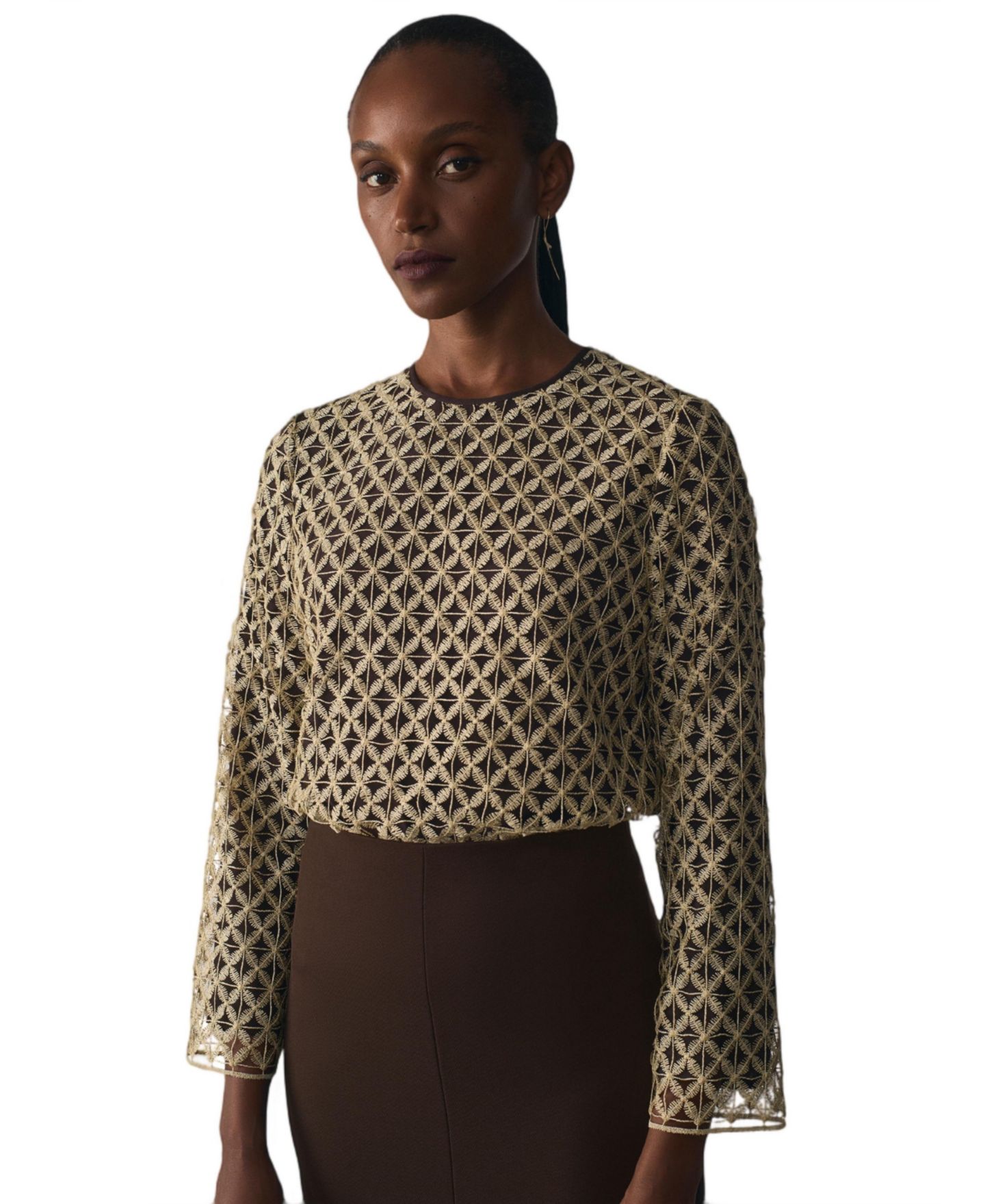 Женская блузка The Fold Meridian Sheer Long-Sleeve Lace, цвет: Золотой — фото 1