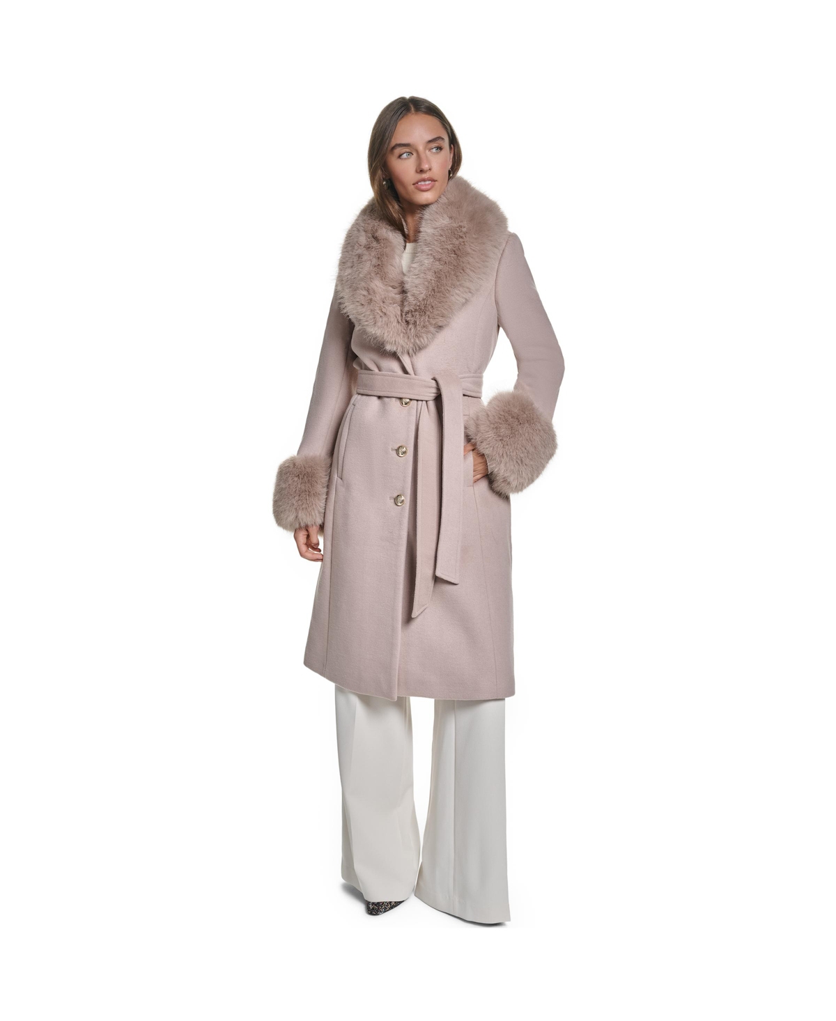 Karl Lagerfeld Paris Women's Fur Trimmed Single Breasted Long Wool Coat - Nude