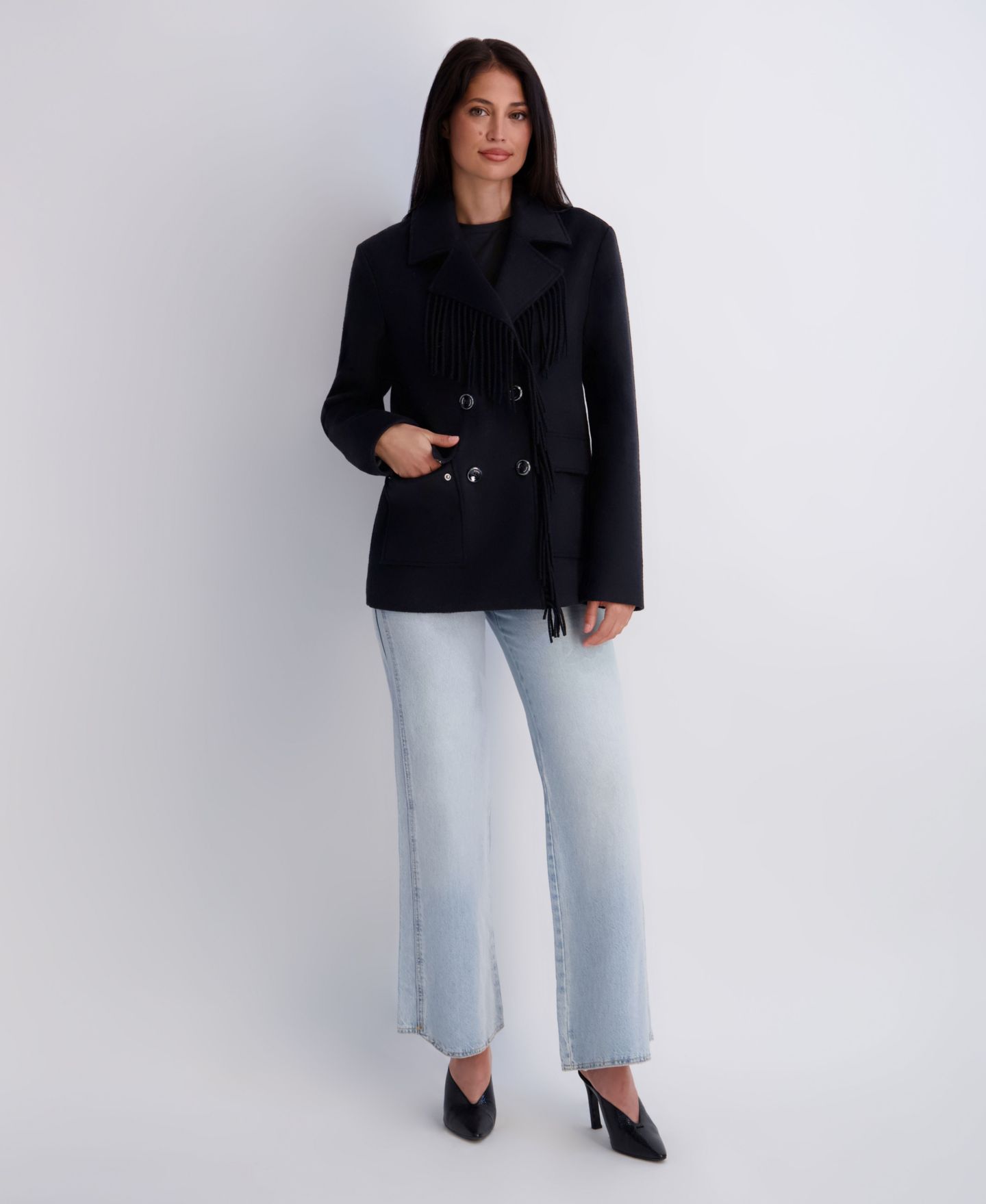 Женская куртка Kensie Double Breasted Patch Pocket Wool Jacket with Fringe, цвет: Чёрный — фото 4