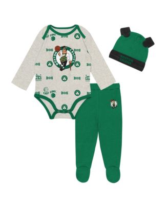 Baby Boys and Girls Boston Celtics Pinch Post Bodysuit, Pants Cuffed Knit Hat Set