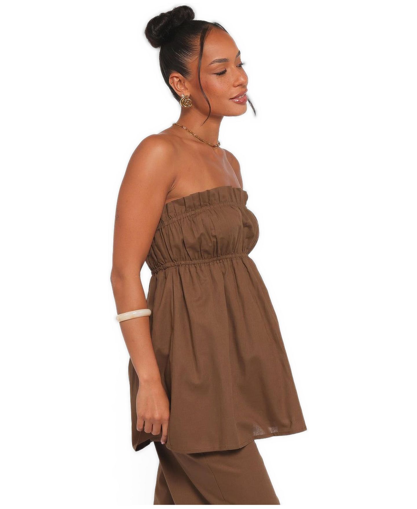 Женский топ Petal and Pup Ember Ruffle-Trim Strapless Cotton-Blend Tunic Top, цвет: Коричневый — фото 2