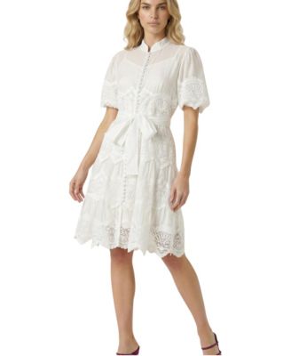 Women's Puff Sleeve Lace Trim Midi Dress