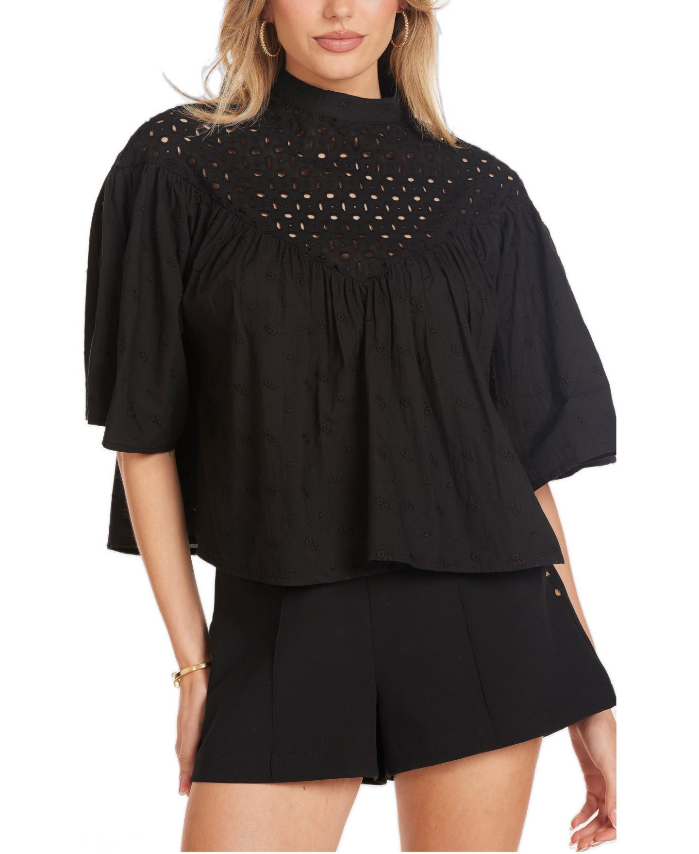 Женская блузка Bishop + Young Willow Eyelet Ruffle-Sleeve, цвет: Чёрный — фото 1
