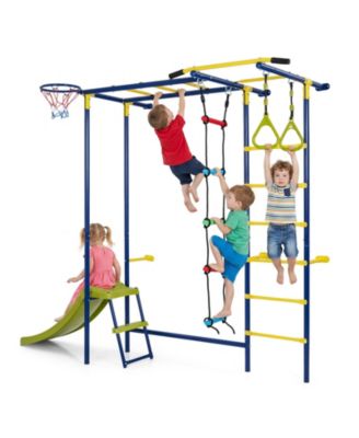 7-in-1 Metal and PE Wall-Mounted Indoor Jungle Gym with Slide and Climbing Rings, Ages 3+