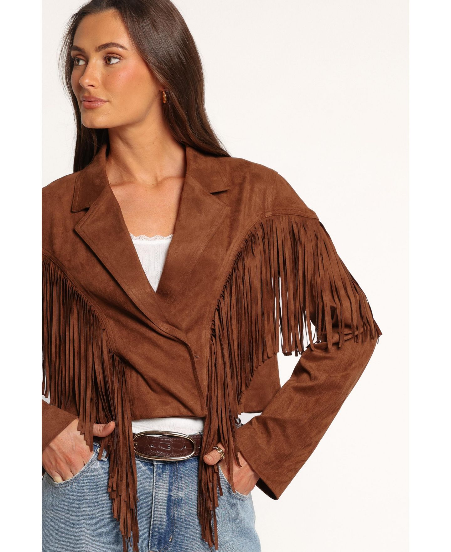 Женская куртка Petal and Pup Kara Fringe Cropped Faux Suede, цвет: Шоколадный коричневый — фото 5
